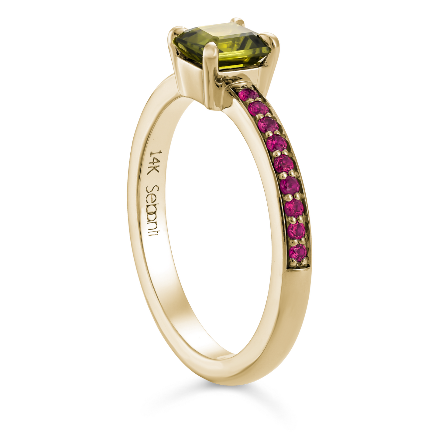Green Pixel Ring with Rubies