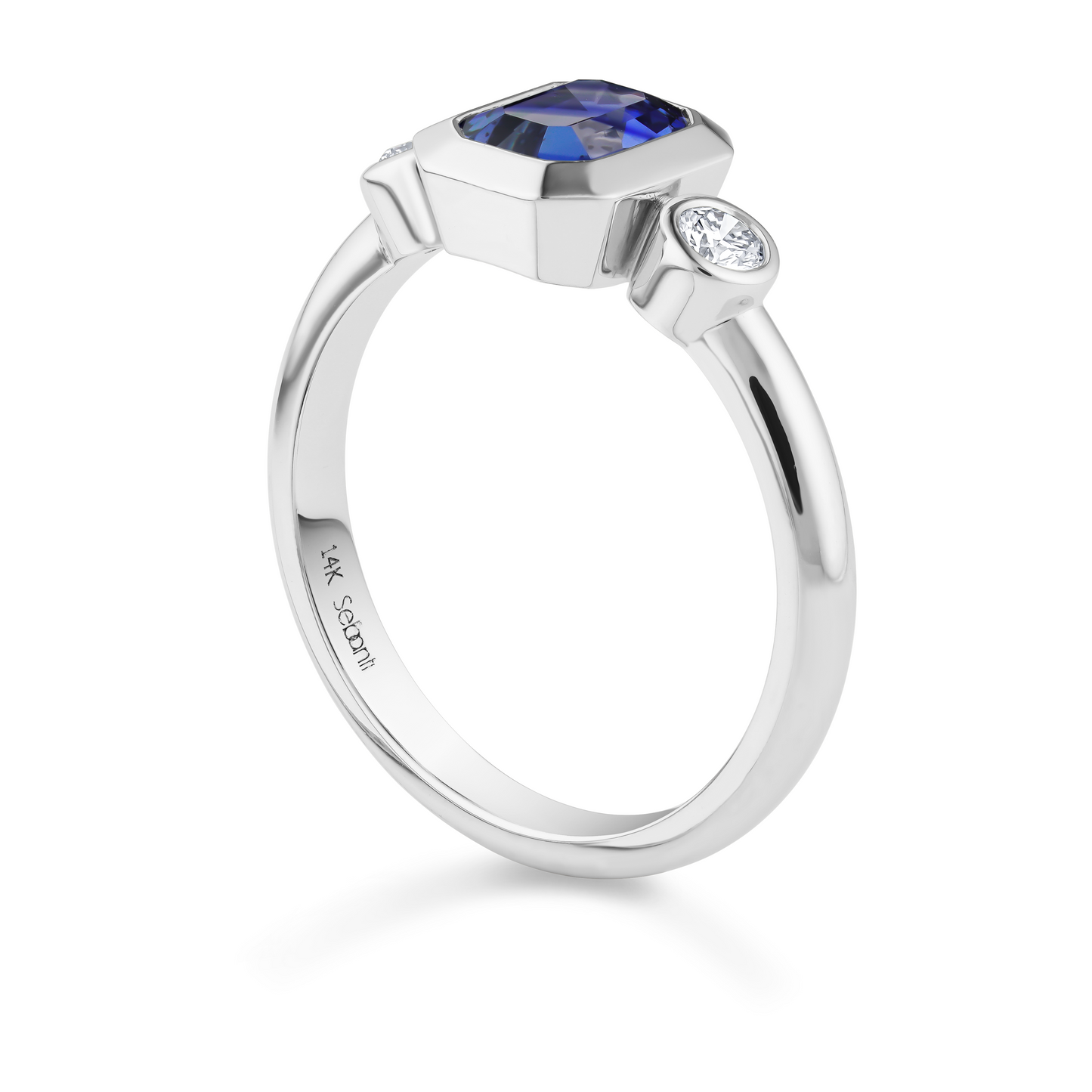 Three Stone Blue Sapphire Engagement Ring with 2 Diamonds