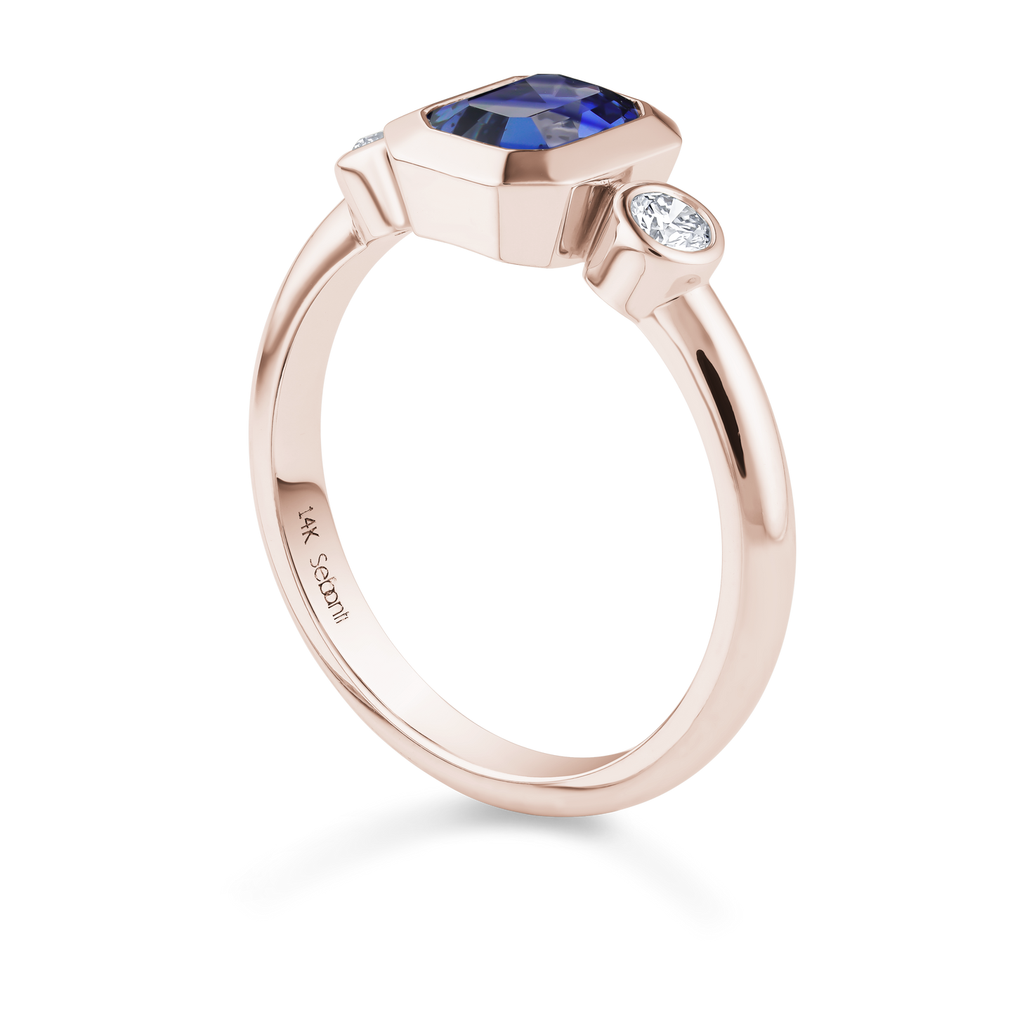 Three Stone Blue Sapphire Engagement Ring with 2 Diamonds