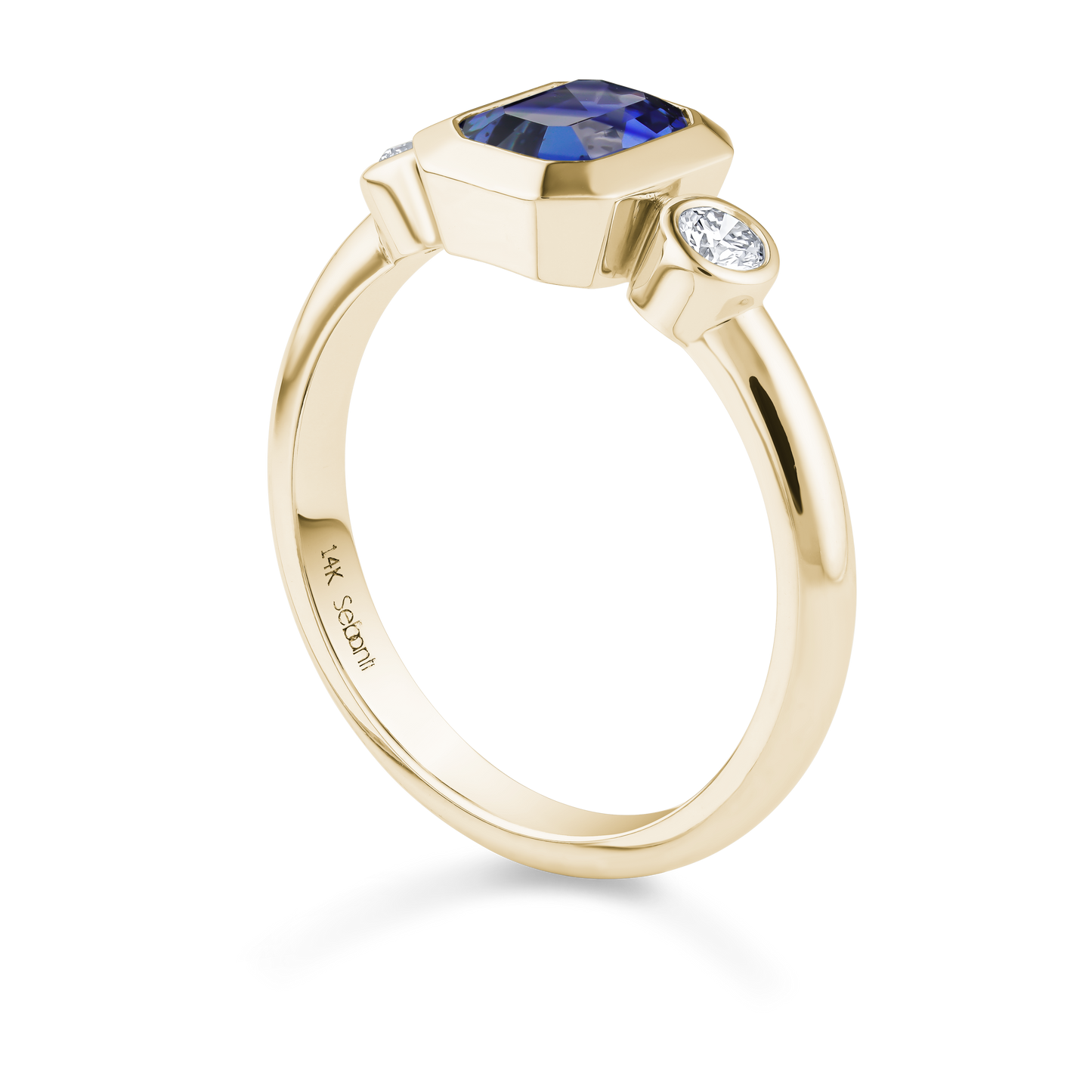 Three Stone Blue Sapphire Engagement Ring with 2 Diamonds