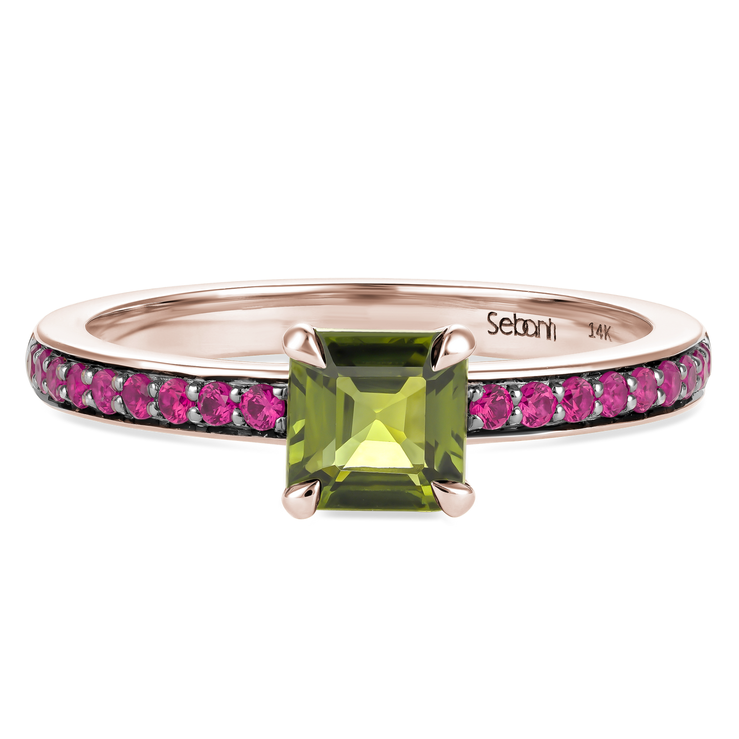 Green Pixel Ring with Rubies