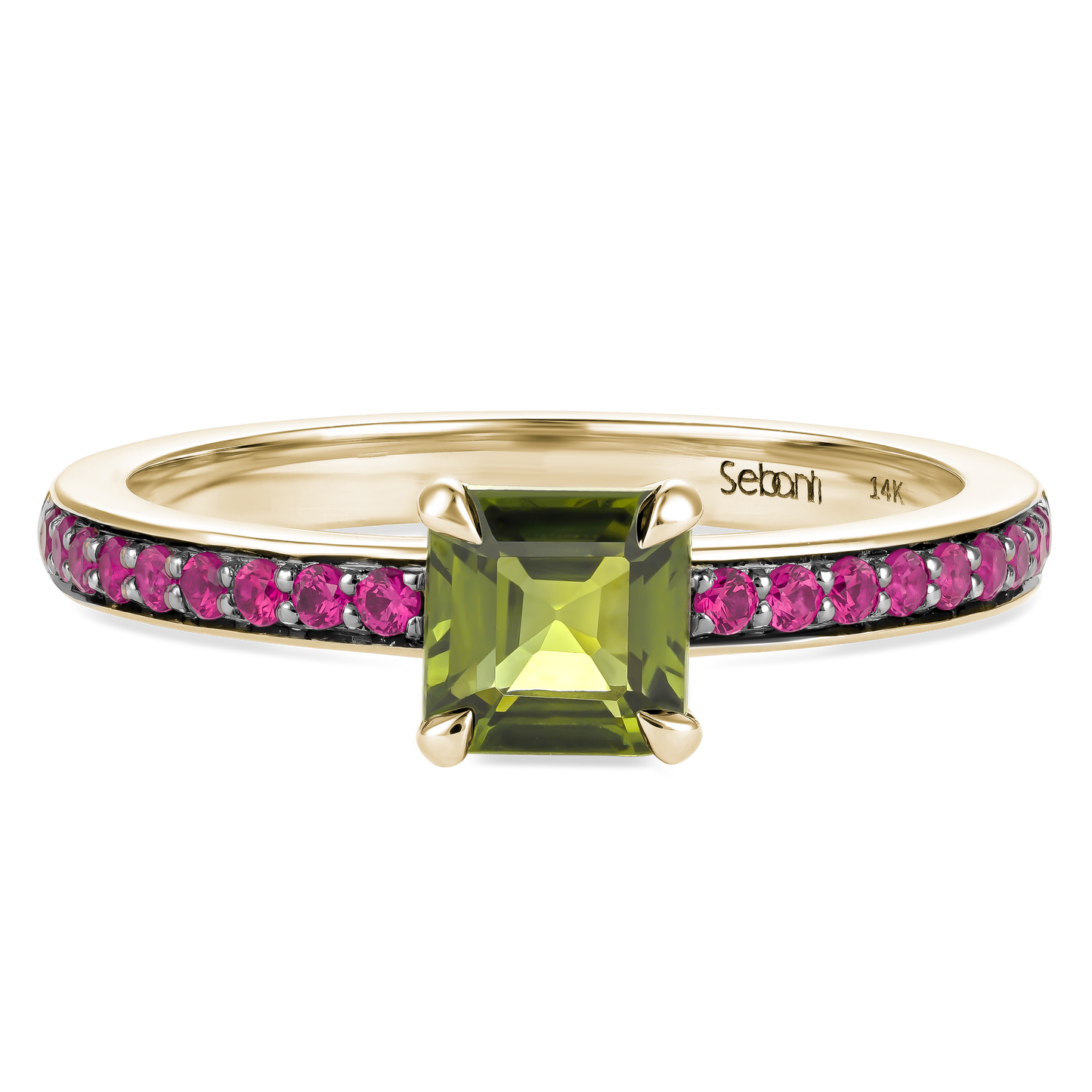 Green Pixel Ring with Rubies