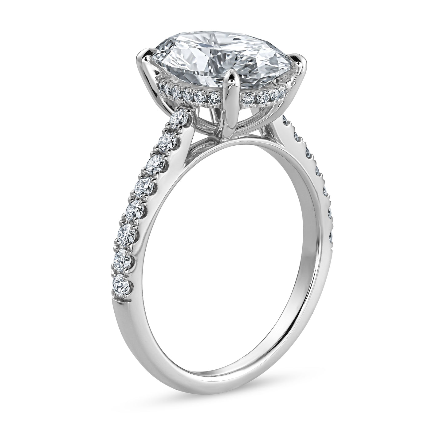 Oval Cut Diamond Engagement Ring with Cathedral Setting and Hidden Halo