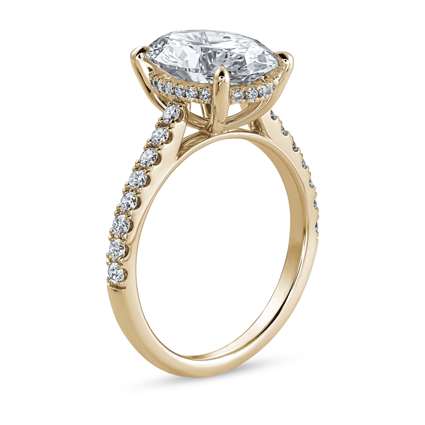 Oval Cut Diamond Engagement Ring with Cathedral Setting and Hidden Halo