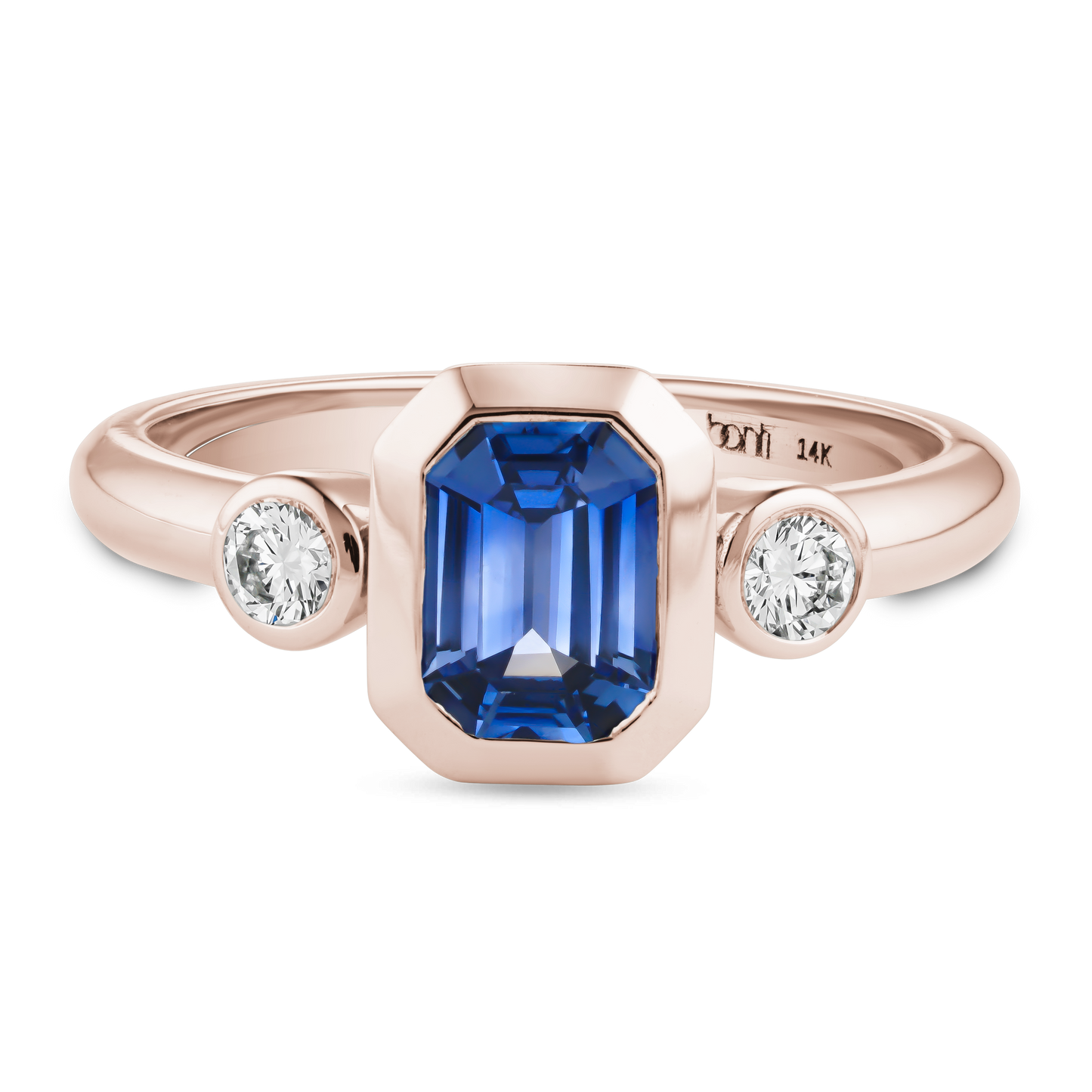 Three Stone Blue Sapphire Engagement Ring with 2 Diamonds