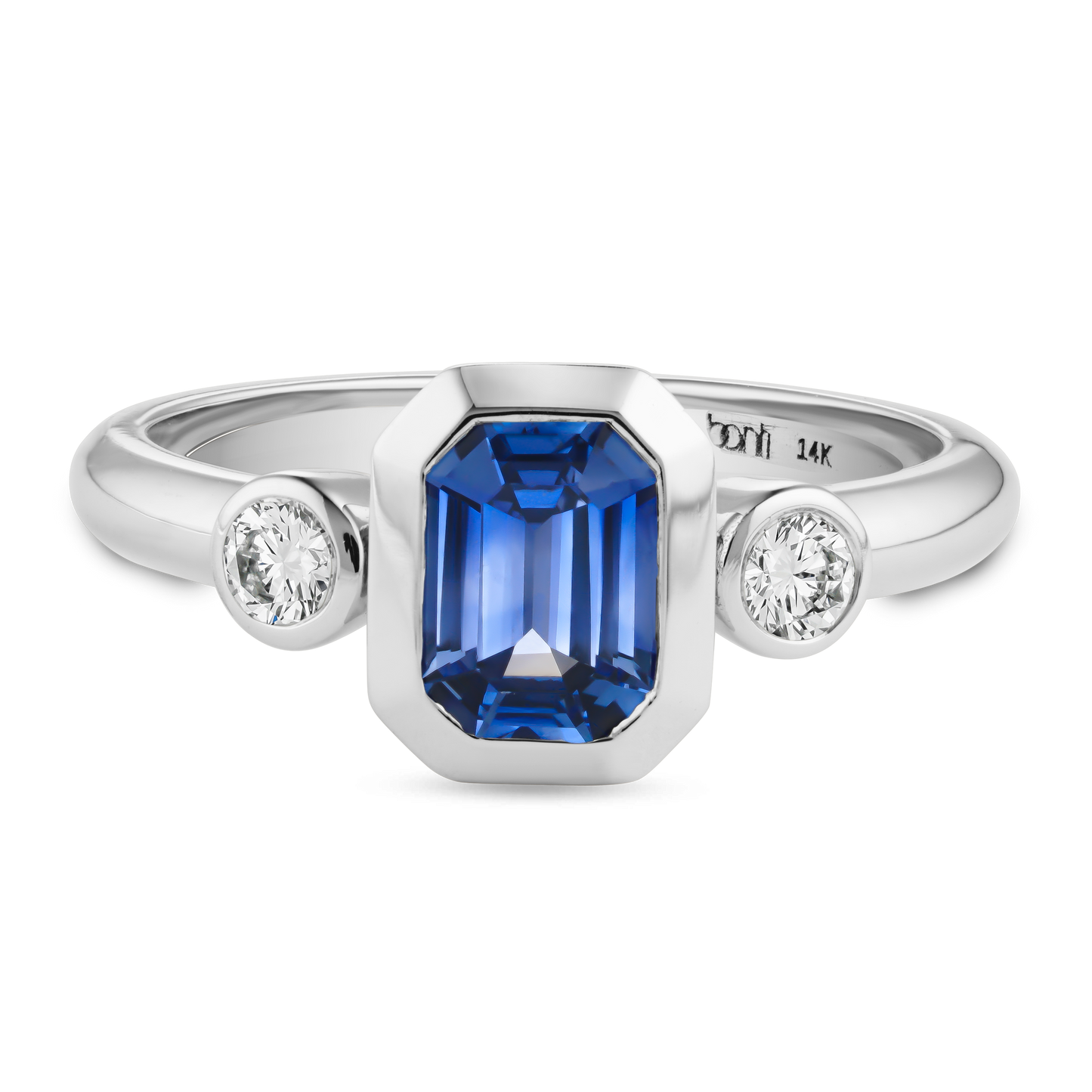 Three Stone Blue Sapphire Engagement Ring with 2 Diamonds