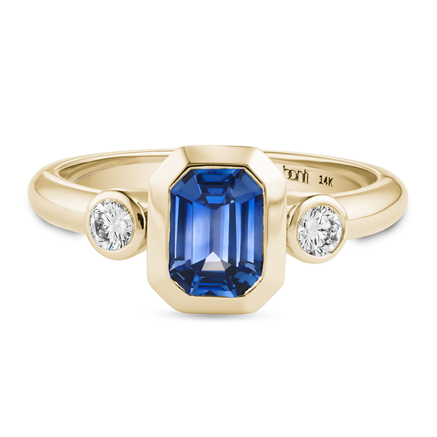 Three Stone Blue Sapphire Engagement Ring with 2 Diamonds