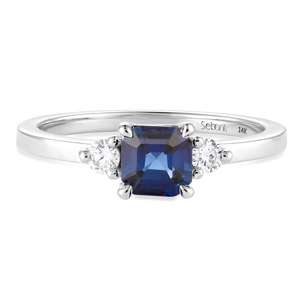 Asscher Cut Blue Sapphire with Two Diamonds