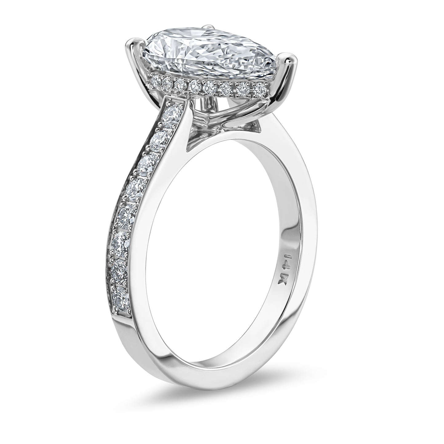 Pear Shaped Diamond Engagement Ring with Cathedral Setting and Under Halo
