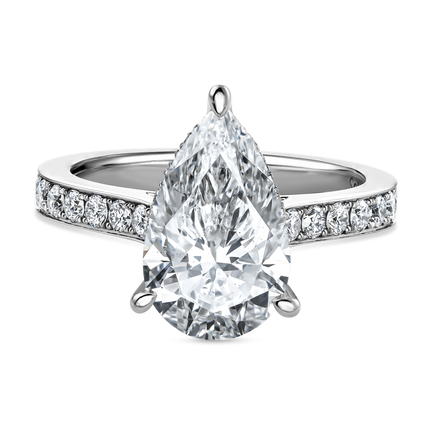 Pear Shaped Diamond Engagement Ring with Cathedral Setting and Under Halo